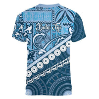 Blue Bula Fiji Women V-Neck T-Shirt Fijian Language Week Tapa Cloth - Pastel LT14 - Polynesian Pride