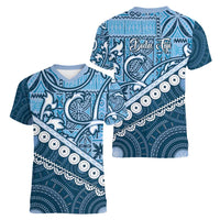 Blue Bula Fiji Women V-Neck T-Shirt Fijian Language Week Tapa Cloth - Pastel LT14 - Polynesian Pride