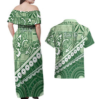 Green Bula Fiji Couples Matching Off Shoulder Maxi Dress and Hawaiian Shirt Fijian Language Week Tapa Cloth - Pastel LT14 - Polynesian Pride