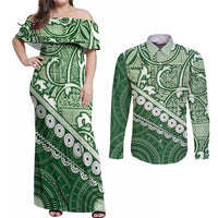 Green Bula Fiji Couples Matching Off Shoulder Maxi Dress and Long Sleeve Button Shirt Fijian Language Week Tapa Cloth - Pastel LT14 Green - Polynesian Pride