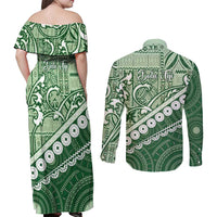 Green Bula Fiji Couples Matching Off Shoulder Maxi Dress and Long Sleeve Button Shirt Fijian Language Week Tapa Cloth - Pastel LT14 - Polynesian Pride