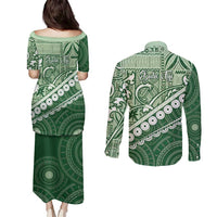 Green Bula Fiji Couples Matching Puletasi and Long Sleeve Button Shirt Fijian Language Week Tapa Cloth - Pastel LT14 - Polynesian Pride