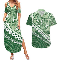 Green Bula Fiji Couples Matching Summer Maxi Dress and Hawaiian Shirt Fijian Language Week Tapa Cloth - Pastel LT14 Green - Polynesian Pride