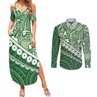 Green Bula Fiji Couples Matching Summer Maxi Dress and Long Sleeve Button Shirt Fijian Language Week Tapa Cloth - Pastel LT14 Green - Polynesian Pride