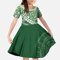 Green Bula Fiji Family Matching Off Shoulder Maxi Dress and Hawaiian Shirt Fijian Language Week Tapa Cloth - Pastel LT14 Daughter's Dress Green - Polynesian Pride