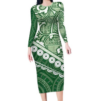 Green Bula Fiji Long Sleeve Bodycon Dress Fijian Language Week Tapa Cloth - Pastel LT14 Long Dress Green - Polynesian Pride