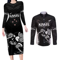 Aotearoa Rugby Custom Couples Matching Long Sleeve Bodycon Dress and Long Sleeve Button Shirt Maori Kiwi - Mascot Style LT14 Black - Polynesian Pride