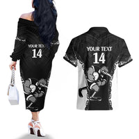 Aotearoa Rugby Custom Couples Matching Off The Shoulder Long Sleeve Dress and Hawaiian Shirt Maori Kiwi - Mascot Style LT14 - Polynesian Pride