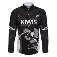 Aotearoa Rugby Custom Family Matching Off The Shoulder Long Sleeve Dress and Hawaiian Shirt Maori Kiwi - Mascot Style LT14 Dad's Shirt - Long Sleeve Black - Polynesian Pride