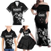 Aotearoa Rugby Custom Family Matching Off Shoulder Maxi Dress and Hawaiian Shirt Maori Kiwi - Mascot Style LT14 - Polynesian Pride