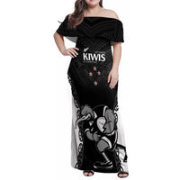 Aotearoa Rugby Custom Family Matching Off Shoulder Maxi Dress and Hawaiian Shirt Maori Kiwi - Mascot Style LT14 Mom's Dress Black - Polynesian Pride
