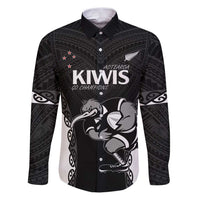 Aotearoa Rugby Custom Family Matching Puletasi and Hawaiian Shirt Maori Kiwi - Mascot Style LT14 Dad's Shirt - Long Sleeve Black - Polynesian Pride