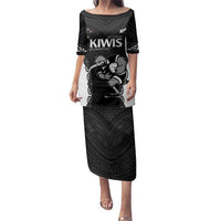 Aotearoa Rugby Custom Family Matching Puletasi and Hawaiian Shirt Maori Kiwi - Mascot Style LT14 Mom's Dress Black - Polynesian Pride