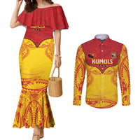 Papua New Guinea Rugby Custom Couples Matching Mermaid Dress and Long Sleeve Button Shirt Go Kumuls PNG - Polynesian Pattern LT14 Yellow - Polynesian Pride