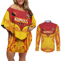 Papua New Guinea Rugby Custom Couples Matching Off Shoulder Short Dress and Long Sleeve Button Shirt Go Kumuls PNG - Polynesian Pattern LT14 Yellow - Polynesian Pride