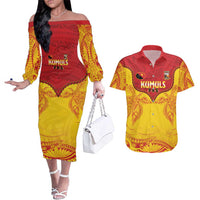 Papua New Guinea Rugby Custom Couples Matching Off The Shoulder Long Sleeve Dress and Hawaiian Shirt Go Kumuls PNG - Polynesian Pattern LT14 Yellow - Polynesian Pride