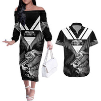 Aotearoa Silver Fern Rugby Custom Couples Matching Off The Shoulder Long Sleeve Dress and Hawaiian Shirt 2024 Go Kiwi LT14 Black - Polynesian Pride