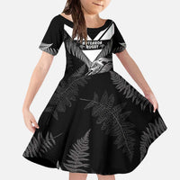 Aotearoa Silver Fern Rugby Custom Family Matching Off The Shoulder Long Sleeve Dress and Hawaiian Shirt 2024 Go Kiwi LT14 Daughter's Dress Black - Polynesian Pride