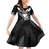 Aotearoa Silver Fern Rugby Custom Family Matching Off Shoulder Short Dress and Hawaiian Shirt 2024 Go Kiwi LT14 Daughter's Dress Black - Polynesian Pride