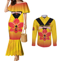 Orchids PNG Rugby Custom Couples Matching Mermaid Dress and Long Sleeve Button Shirt Go Champions Papua New Guinea LT14 Yellow - Polynesian Pride