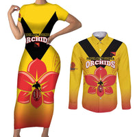 Orchids PNG Rugby Custom Couples Matching Short Sleeve Bodycon Dress and Long Sleeve Button Shirt Go Champions Papua New Guinea LT14 Yellow - Polynesian Pride