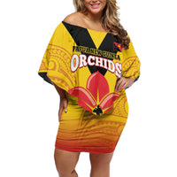Orchids PNG Rugby Custom Family Matching Off Shoulder Short Dress and Hawaiian Shirt Go Champions Papua New Guinea LT14 Mom's Dress Yellow - Polynesian Pride
