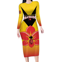 Orchids PNG Rugby Custom Long Sleeve Bodycon Dress Go Champions Papua New Guinea LT14 Long Dress Yellow - Polynesian Pride