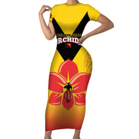 Orchids PNG Rugby Custom Short Sleeve Bodycon Dress Go Champions Papua New Guinea LT14 Long Dress Yellow - Polynesian Pride