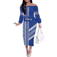 Fetu Samoa Rugby Custom Family Matching Off The Shoulder Long Sleeve Dress and Hawaiian Shirt Siapo Pattern - Sporty Style LT14 Mom's Dress Blue - Polynesian Pride