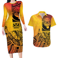 Marquesas Islands Couples Matching Long Sleeve Bodycon Dress and Hawaiian Shirt Marquesan Matatiki Fish Hook Patutiki LT14 Yellow - Polynesian Pride