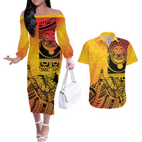 Marquesas Islands Couples Matching Off The Shoulder Long Sleeve Dress and Hawaiian Shirt Marquesan Matatiki Fish Hook Patutiki LT14 Yellow - Polynesian Pride