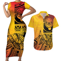 Marquesas Islands Couples Matching Short Sleeve Bodycon Dress and Hawaiian Shirt Marquesan Matatiki Fish Hook Patutiki LT14 Yellow - Polynesian Pride