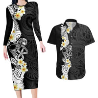 Black Samoa Tattoo Couples Matching Long Sleeve Bodycon Dress and Hawaiian Shirt Plumeria Samoan Ocean Tatau Pattern LT14 Black - Polynesian Pride