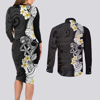 Black Samoa Tattoo Couples Matching Long Sleeve Bodycon Dress and Long Sleeve Button Shirt Plumeria Samoan Ocean Tatau Pattern LT14 - Polynesian Pride