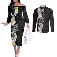 Black Samoa Tattoo Couples Matching Off The Shoulder Long Sleeve Dress and Long Sleeve Button Shirt Plumeria Samoan Ocean Tatau Pattern LT14 Black - Polynesian Pride