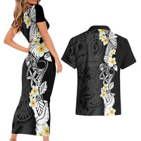 Black Samoa Tattoo Couples Matching Short Sleeve Bodycon Dress and Hawaiian Shirt Plumeria Samoan Ocean Tatau Pattern LT14 - Polynesian Pride