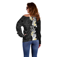 Black Samoa Tattoo Off Shoulder Sweater Plumeria Samoan Ocean Tatau Pattern - Polynesian Pride