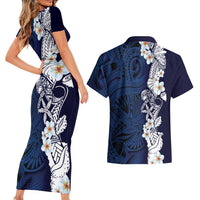 Blue Samoa Tattoo Couples Matching Short Sleeve Bodycon Dress and Hawaiian Shirt Plumeria Samoan Ocean Tatau Pattern LT14 - Polynesian Pride