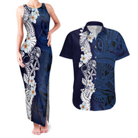 Blue Samoa Tattoo Couples Matching Tank Maxi Dress and Hawaiian Shirt Plumeria Samoan Ocean Tatau Pattern LT14 Blue - Polynesian Pride