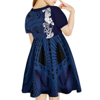 Blue Samoa Tattoo Kid Short Sleeve Dress Plumeria Samoan Ocean Tatau Pattern - Polynesian Pride