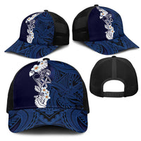 Blue Samoa Tattoo Mesh Trucker Cap Plumeria Samoan Ocean Tatau Pattern - Polynesian Pride