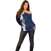 Blue Samoa Tattoo Off Shoulder Sweater Plumeria Samoan Ocean Tatau Pattern - Polynesian Pride