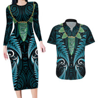 Aotearoa Pounamu Niho Couples Matching Long Sleeve Bodycon Dress and Hawaiian Shirt Silver Fern Mix Maori Pattern - Turquoise LT14 Turquoise - Polynesian Pride