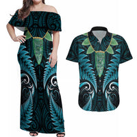 Aotearoa Pounamu Niho Couples Matching Off Shoulder Maxi Dress and Hawaiian Shirt Silver Fern Mix Maori Pattern - Turquoise LT14 Turquoise - Polynesian Pride