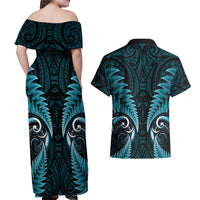Aotearoa Pounamu Niho Couples Matching Off Shoulder Maxi Dress and Hawaiian Shirt Silver Fern Mix Maori Pattern - Turquoise LT14 - Polynesian Pride
