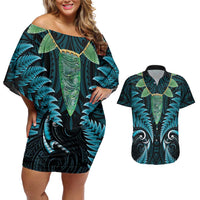 Aotearoa Pounamu Niho Couples Matching Off Shoulder Short Dress and Hawaiian Shirt Silver Fern Mix Maori Pattern - Turquoise LT14 Turquoise - Polynesian Pride