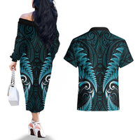 Aotearoa Pounamu Niho Couples Matching Off The Shoulder Long Sleeve Dress and Hawaiian Shirt Silver Fern Mix Maori Pattern - Turquoise LT14 - Polynesian Pride