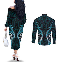 Aotearoa Pounamu Niho Couples Matching Off The Shoulder Long Sleeve Dress and Long Sleeve Button Shirt Silver Fern Mix Maori Pattern - Turquoise LT14 - Polynesian Pride