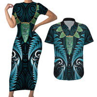 Aotearoa Pounamu Niho Couples Matching Short Sleeve Bodycon Dress and Hawaiian Shirt Silver Fern Mix Maori Pattern - Turquoise LT14 Turquoise - Polynesian Pride