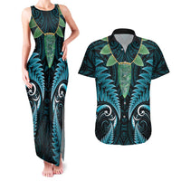 Aotearoa Pounamu Niho Couples Matching Tank Maxi Dress and Hawaiian Shirt Silver Fern Mix Maori Pattern - Turquoise LT14 Turquoise - Polynesian Pride